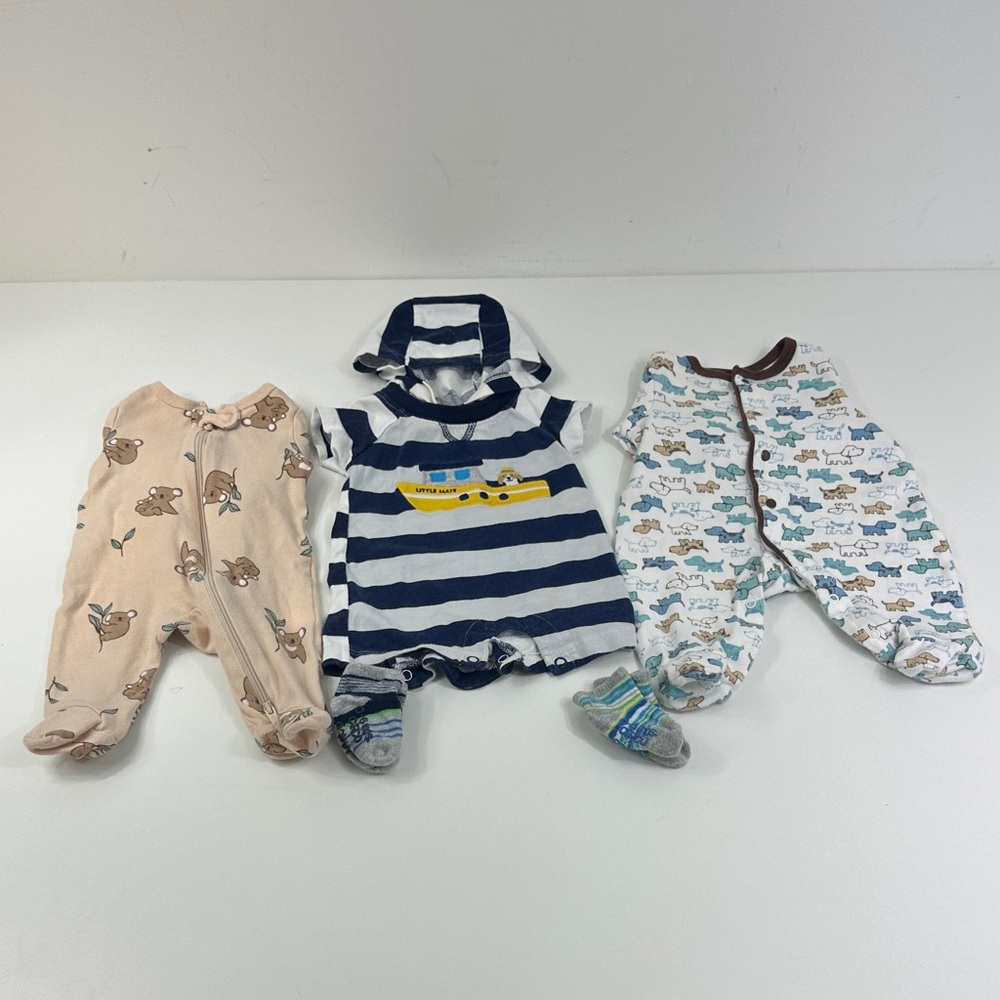 Newborn Onesie lot of 3 bear dog boat Carters Circo & Little Me includes socks